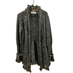 Patrizia Luca Women’s Black, White, Faux Fur Trim Bell Sleeves Cardigan Sweater